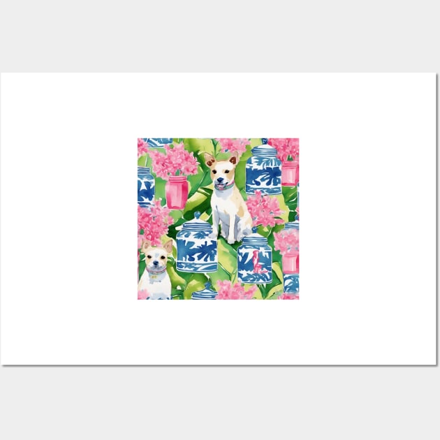 Terriers, cherry blossom, and chinoiserie jars Wall Art by SophieClimaArt